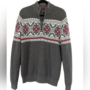 Izod Mens Classic Fit Fair Isle Quarter Zip Pullover Holiday Sweater Size M Gray